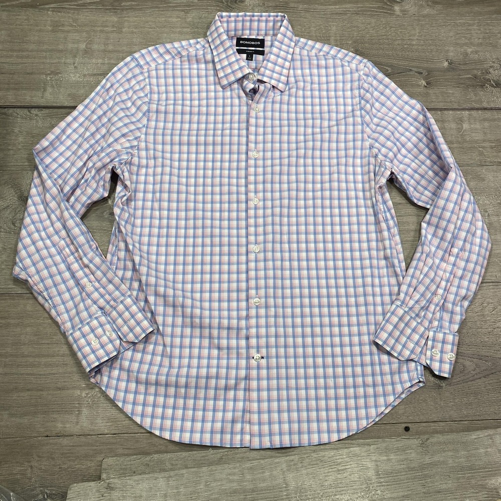 Bonobos Shirt Mens Large Blue Pink‎ Gingham Dress Button Front Long Sleeve